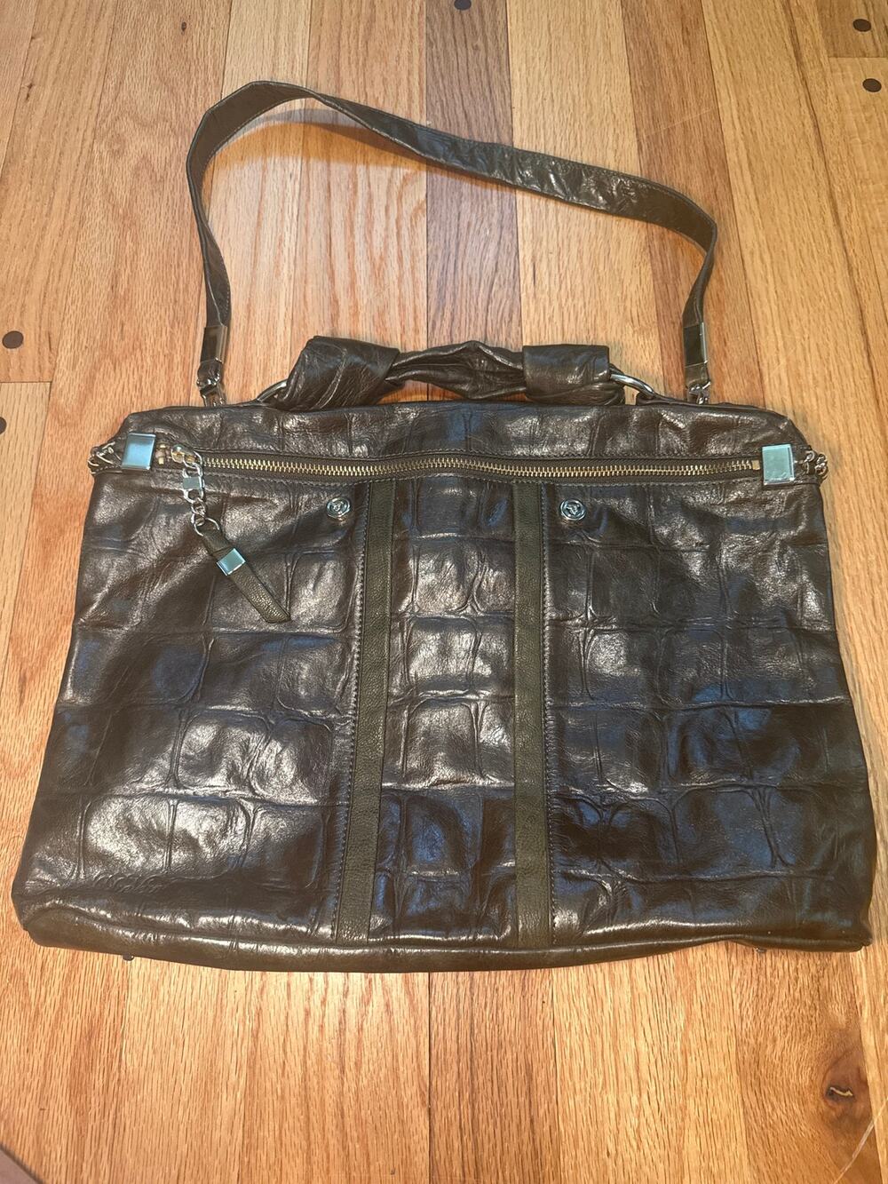 Tre Vero Genuine Leather Croc Embossed Tote Brown Green Work Travel Bag